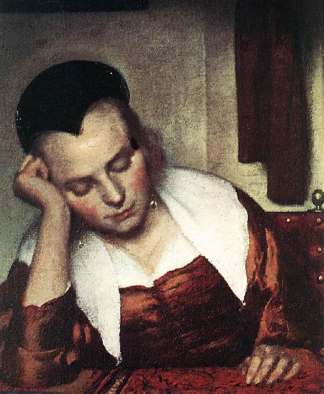 VERMEER VAN DELFT, Jan A Woman Asleep at Table (detail) atr oil painting picture